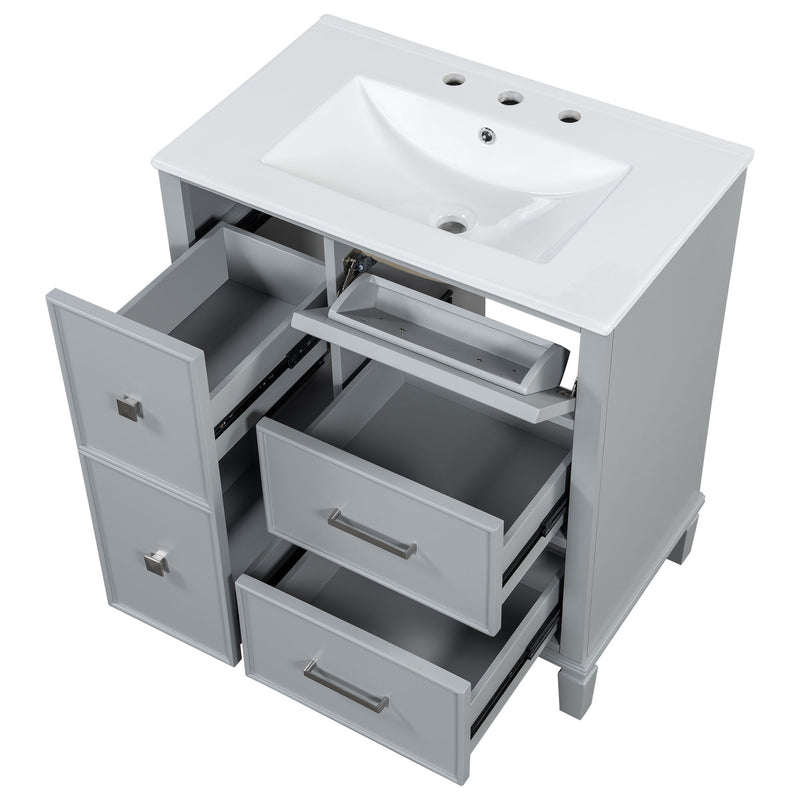 Bathroom Vanity With Ceramic Sink, Flip Out Drawer Design For Plumbing, Soft Close Drawers