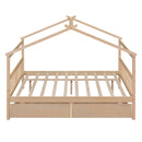 Full Size Wooden House Bed with Drawers, Natural