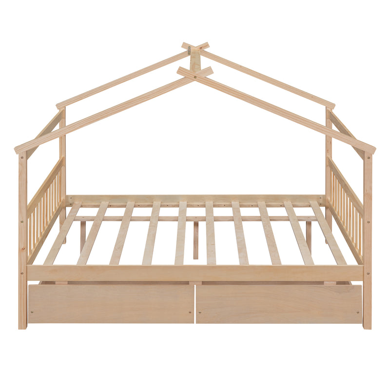 Full Size Wooden House Bed with Drawers, Natural
