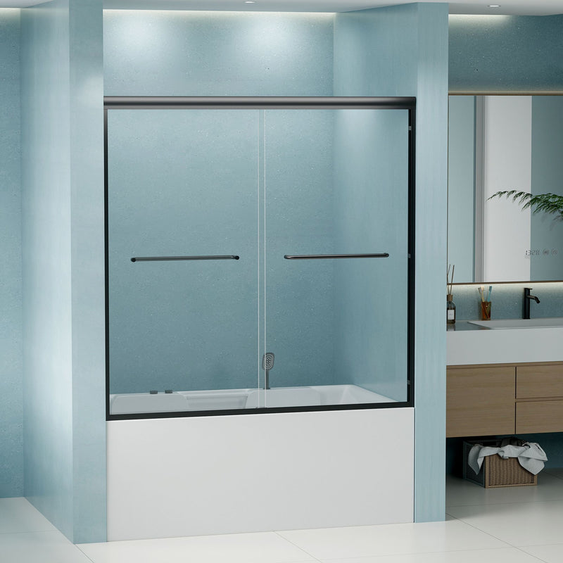Double Sliding Bathtub Shower Door, Semi Frameless Bypass, 1 / 4" (6Mm) With Explosion - Proof Film, Adjustable Aluminum Alloy Frame