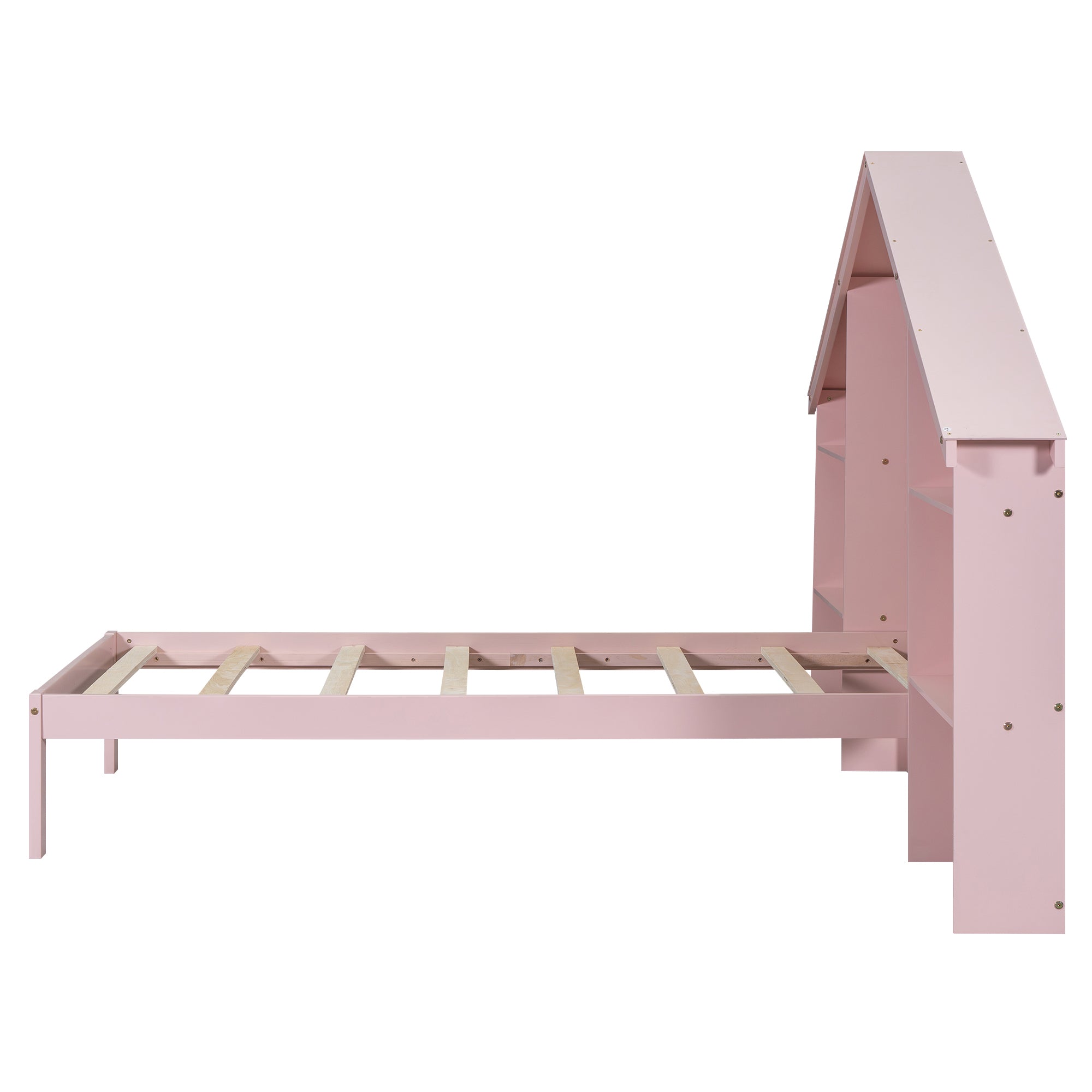 Wood Twin Size Platform Bed with House-shaped Storage Headboard and Built-in LED, Pink - Atlantic Fine Furniture Melbourne FL