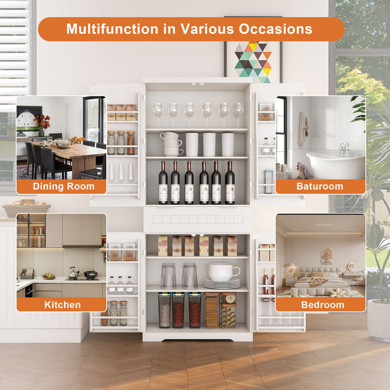 Farmhouse Style Pantry Cabinet With Drawer 2 Cabinets & 6 Door Shelves Adjustable Shelves Freestanding Cupboard - White