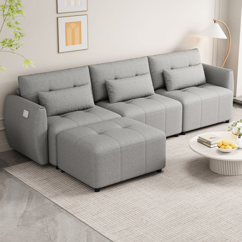 Convertible Sectional Sofa Couch 3 Seat L-Shaped Sofa With Movable Ottoman And USB For Apartment, Living Room, Bedroom