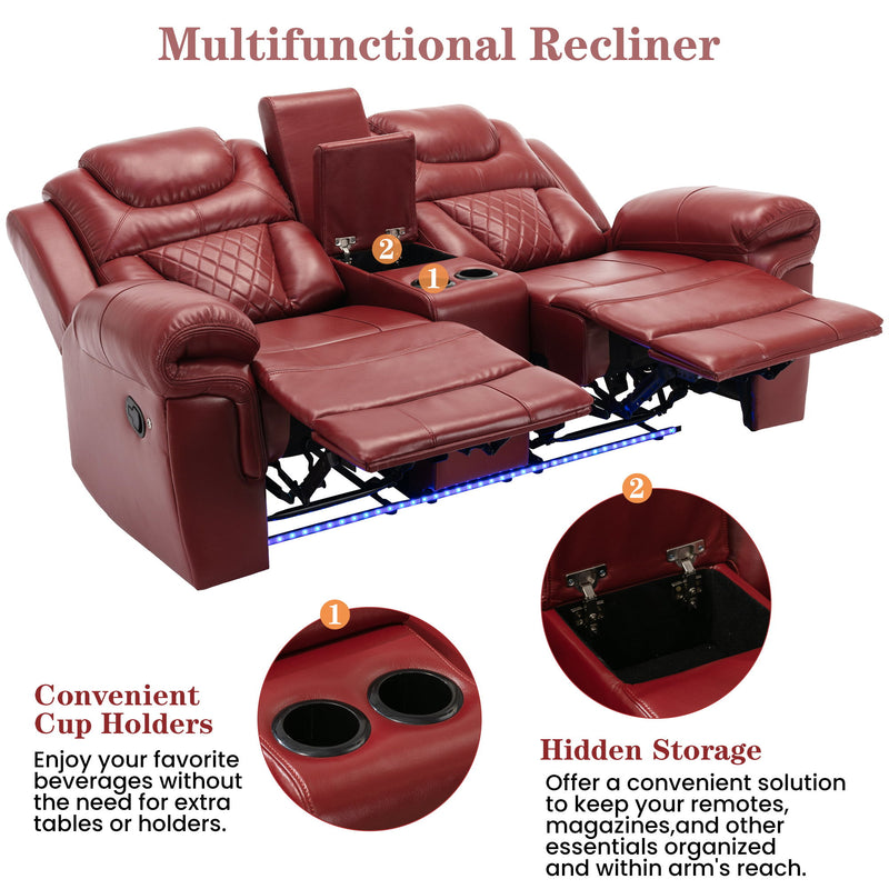 Home Theater Seating Manual Recliner Chair With Center Console And LED Light Strip For Living Room - Red
