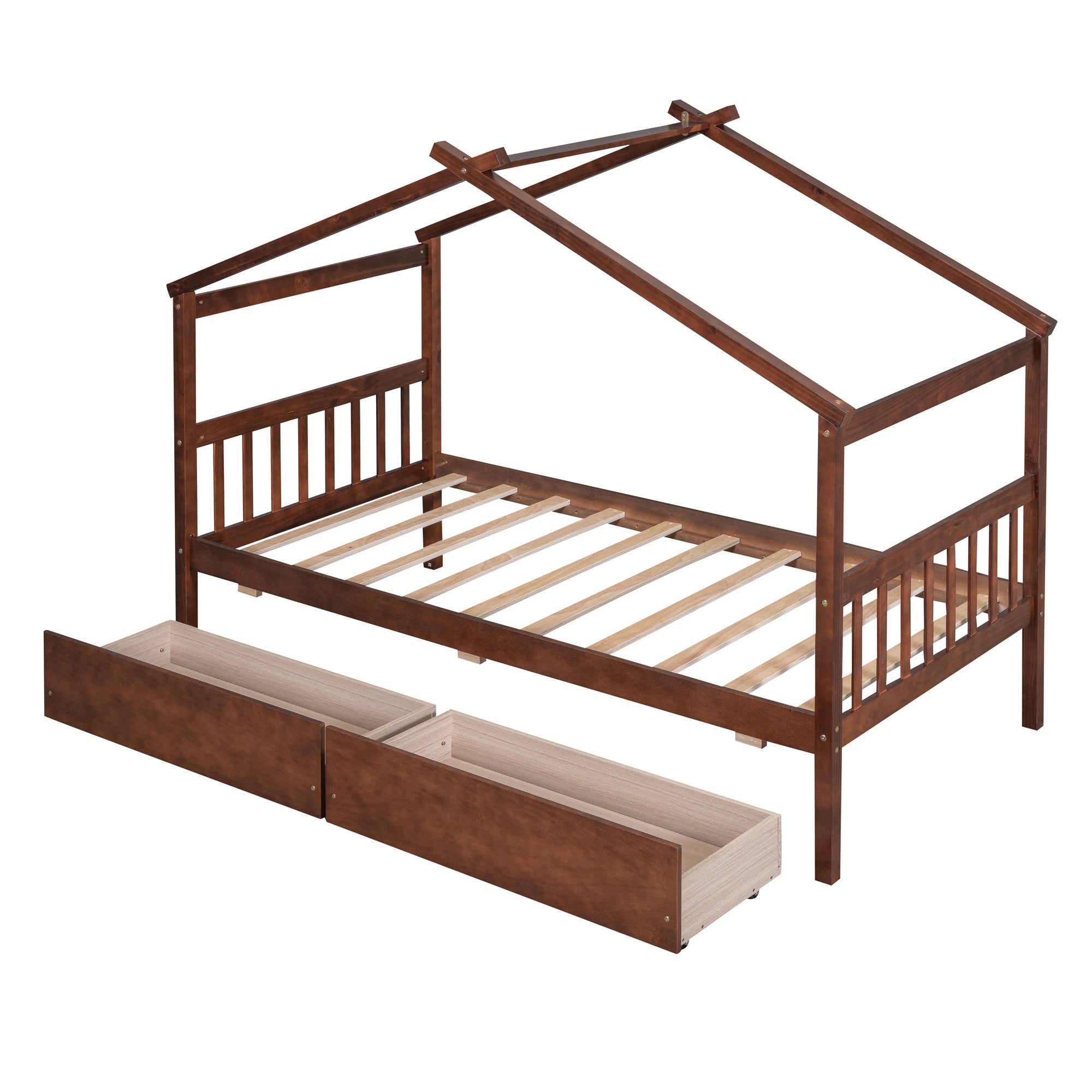 Twin Size Wooden House Bed with Drawers, Walnut - Atlantic Fine Furniture Melbourne FL
