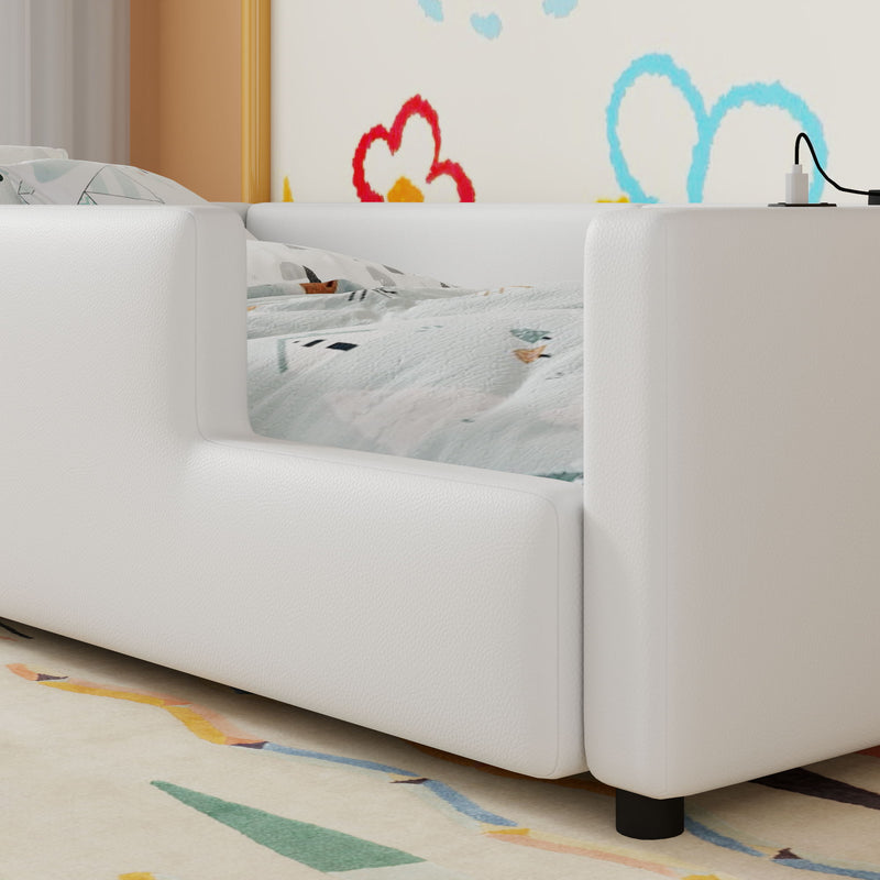 Twin Size Upholstered Platform Bed With Guardrail And Charging Station - White