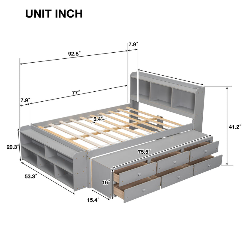 Bed With Bookcase Headboard, Under Bed Storage Drawers And Bed End Storage Case