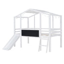 Loft House Bed With Ladder And Slide, With Blackboard And Light Strip On The Roof