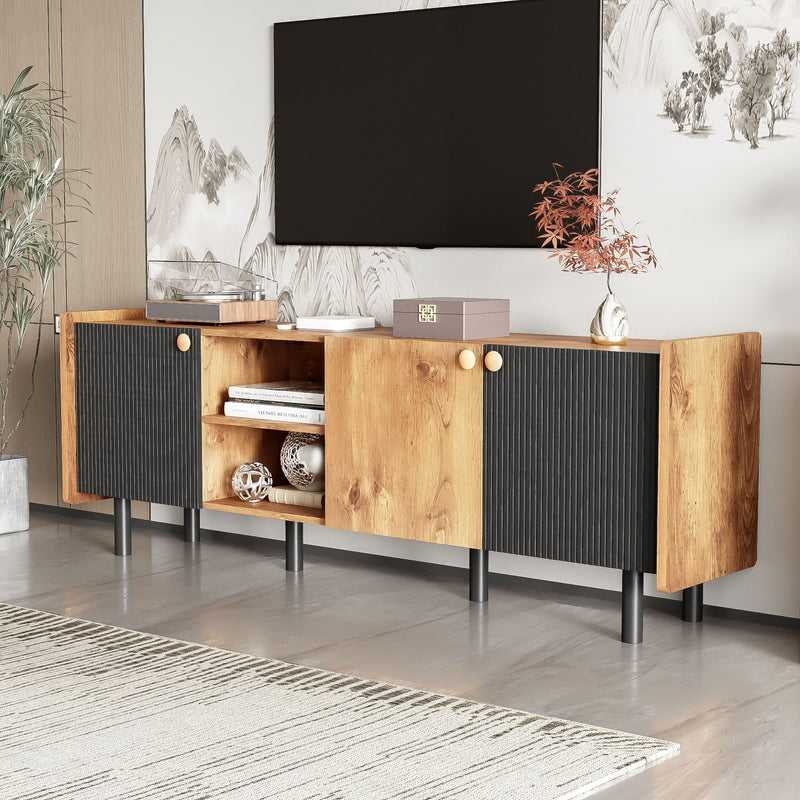 Mid Century TV Stand & 3 Cabinets, Media Console Table For Tvs Up To 70'', Entertainment Center With Storage For Living Room - Black / Brown