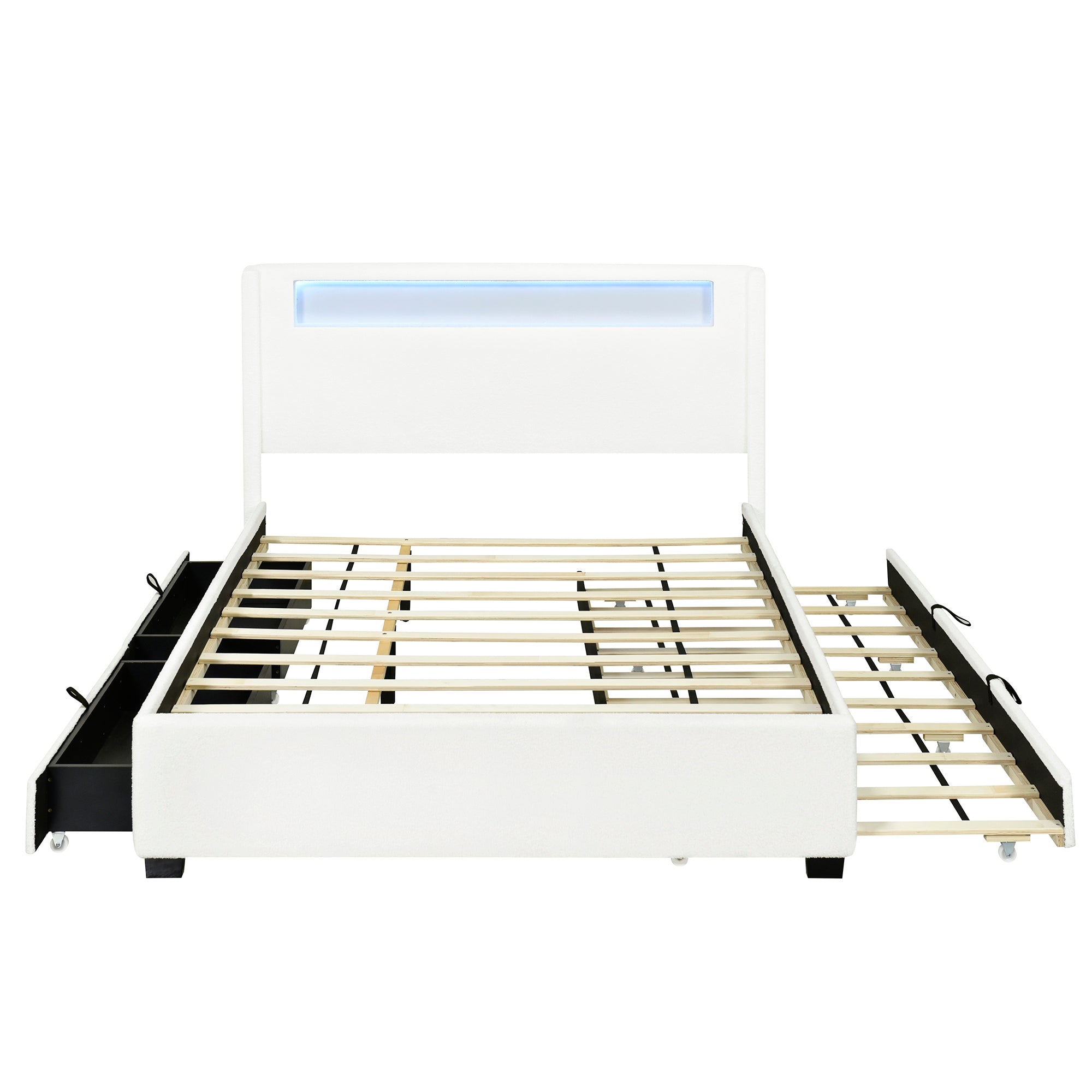 Queen Size Upholstered Platform Bed with LED Frame, with Twin  XL Size Trundle and 2 drawers, Teddy Fleece, White - Atlantic Fine Furniture Melbourne FL