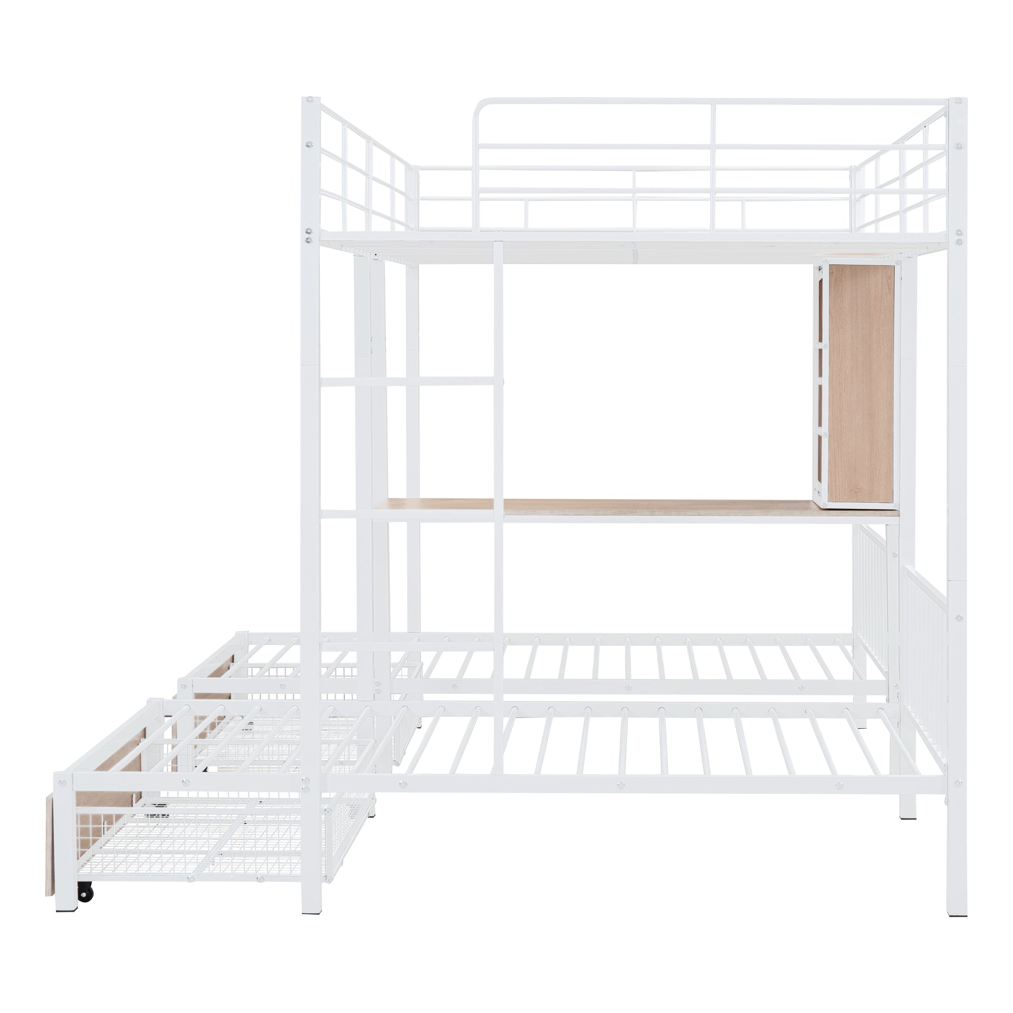 Full Over Twin & Twin Triple Bunk Bed with Drawers, Multi-functional Metal Frame Bed with desks and shelves in the middle, White - Atlantic Fine Furniture Melbourne FL