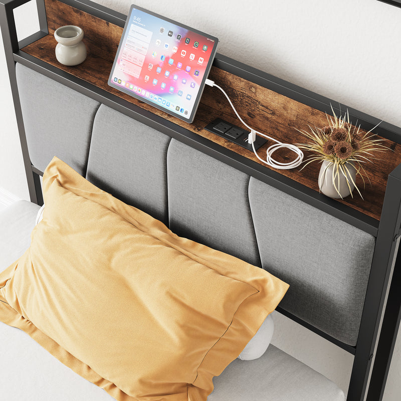 Twin Size Bed Frame, Storage Headboard with Charging Station, Solid and Stable, Noise Free, No Box Spring Needed, Easy Assembly