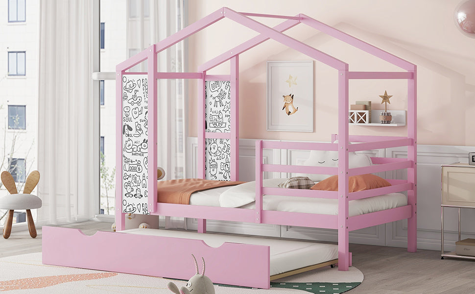 Twin Size Wood House Bed with Fence and Writing Board,Pink - Atlantic Fine Furniture Melbourne FL
