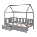 Twin Size House Bed with drawers, Fence-shaped Guardrail, Gray