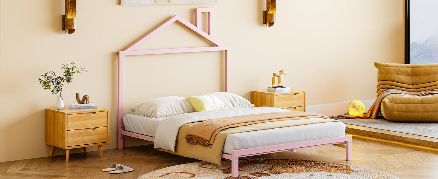 Full Size Metal Platform Bed with House-Shaped Headboard Design, Pink