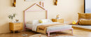 Full Size Metal Platform Bed with House-Shaped Headboard Design, Pink