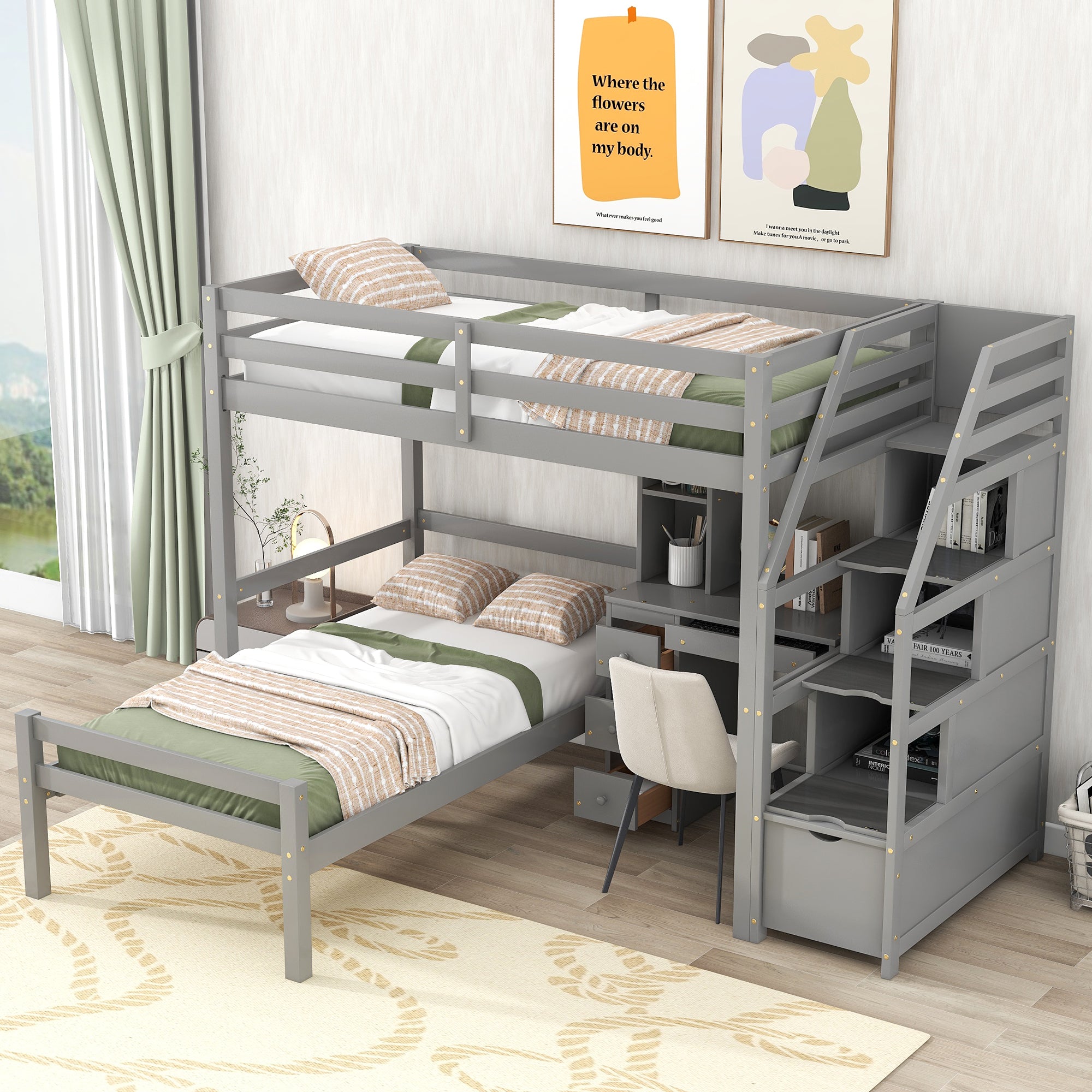 Twin Size Loft Bed with a Stand-alone Bed, Storage Staircase, Desk, Shelves and Drawers, Gray - Atlantic Fine Furniture Melbourne FL