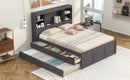 Full Size Platform Bed with Storage Headboard, Charging Station, Twin Size Trundle and 3 Drawers, Antique Brown