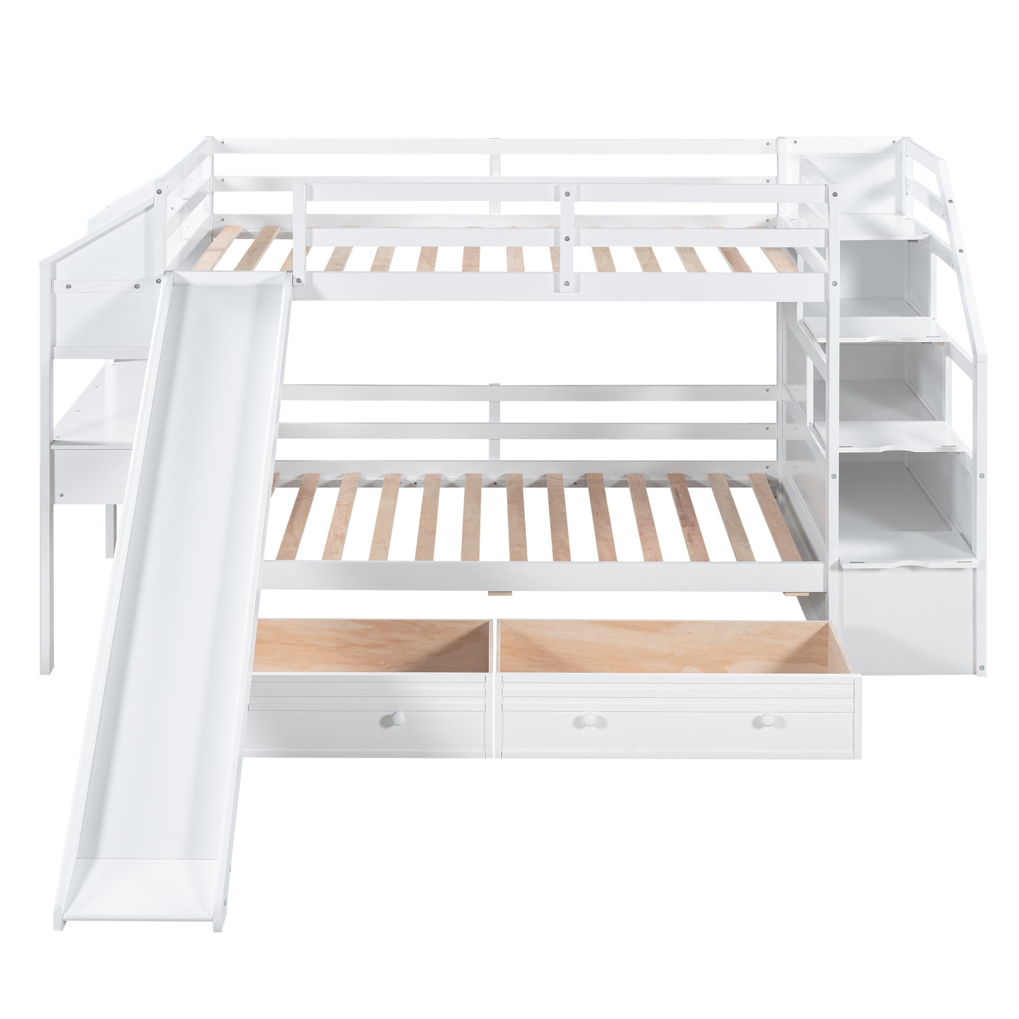 Twin over Twin Bunk Bed with Storage Staircase, Slide and Drawers, Desk with Drawers and Shelves, White - Atlantic Fine Furniture Melbourne FL