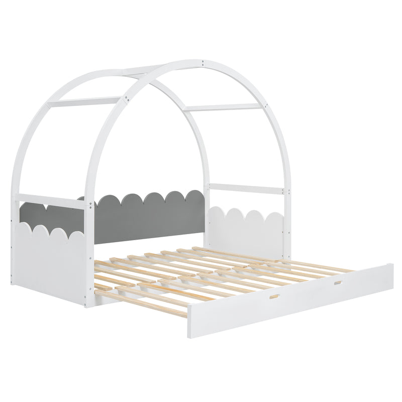 Twin size stretchable vaulted roof bed, children's bed pine wood frame, white+gray