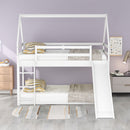 Twin Size Bunk House Bed with Slide and Ladder,White