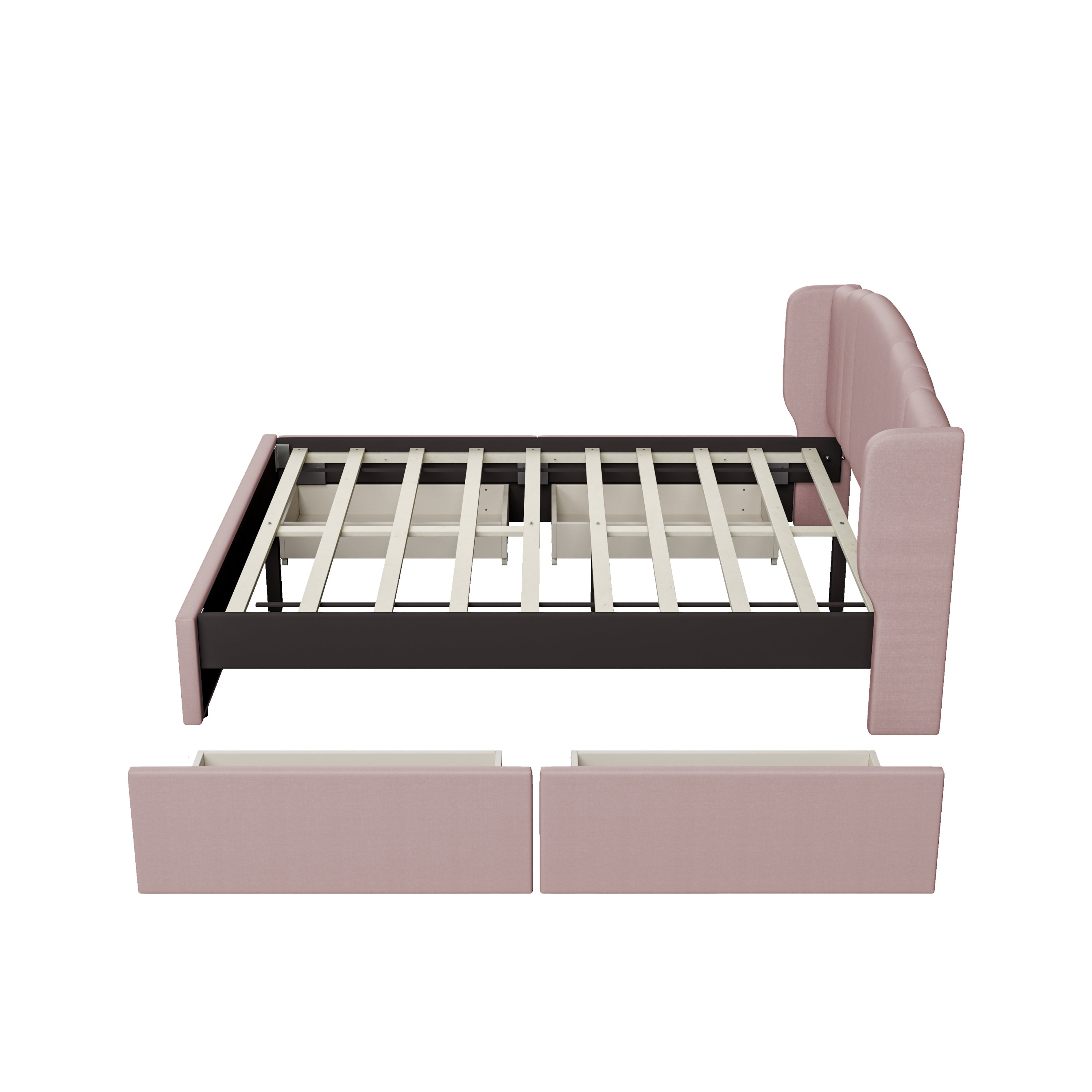 Upholstered Platform Bed with Wingback Headboard and 4 Drawers, No Box Spring Needed, Linen Fabric, Queen Size Pink - Atlantic Fine Furniture Melbourne FL