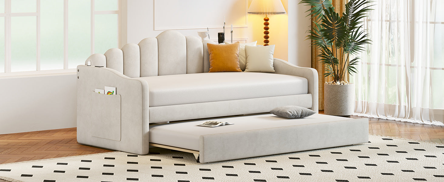 Twin size Upholstered Daybed with Trundle ,Velvet Sofabed with USB Charging Ports,No Box-spring Needed,Beige - Atlantic Fine Furniture Melbourne FL