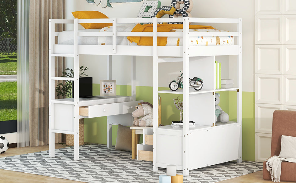 Twin  Size Loft Bed with Built-in Desk with Two Drawers, and Storage Shelves and Drawers,White - Atlantic Fine Furniture Melbourne FL