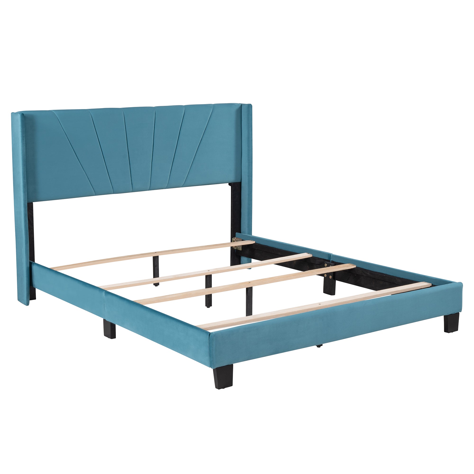 Queen Size Velvet Upholstered Platform Bed, Box Spring Needed - Blue - Atlantic Fine Furniture Melbourne FL