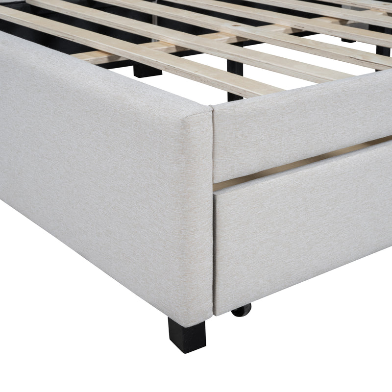 Full Size Upholstered Daybed with 2 Storage Drawers Sofa Bed Frame No Box Spring Needed, Linen Fabric (Beige)