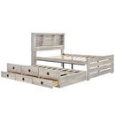 Farmhouse Style Twin Size Bookcase Captain Bed with Three Drawers and Trundle, Rustic White