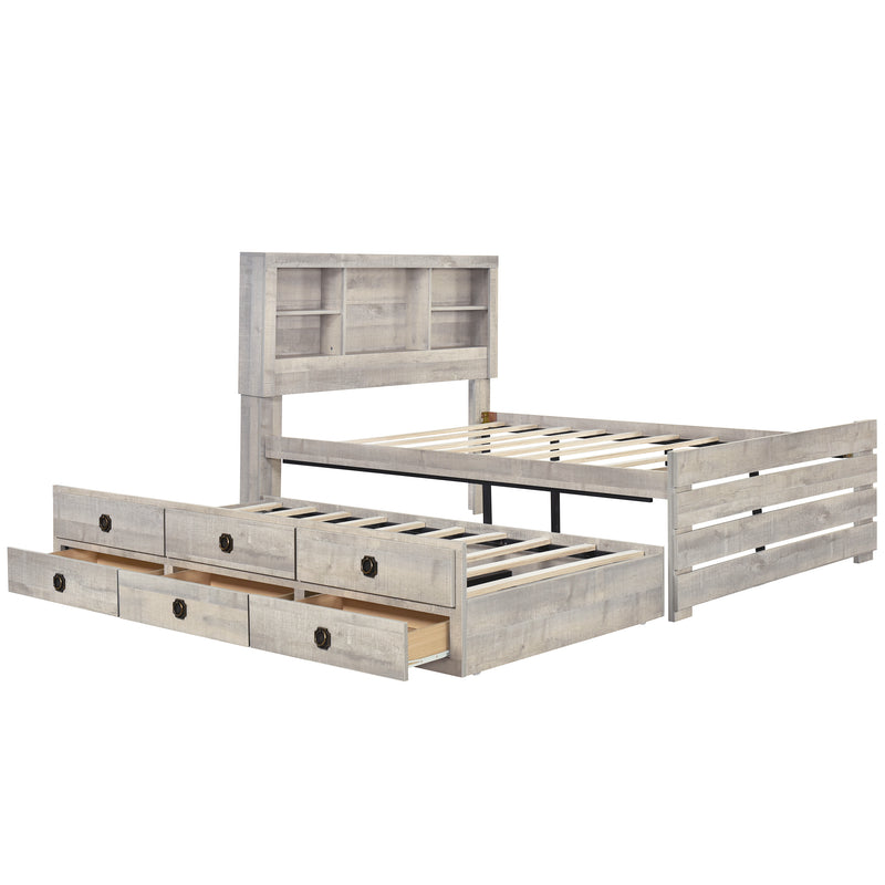 Farmhouse Style Full Size Bookcase Captain Bed with Three Drawers and Trundle, Rustic White