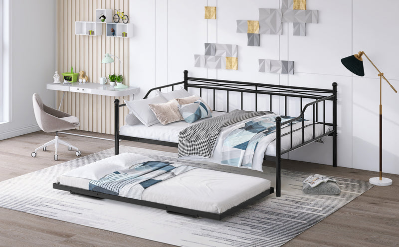 Full Size Metal Daybed with Twin Size Adjustable Trundle, Portable Folding Trundle, Black(OLD SKU:MF293736AAB)