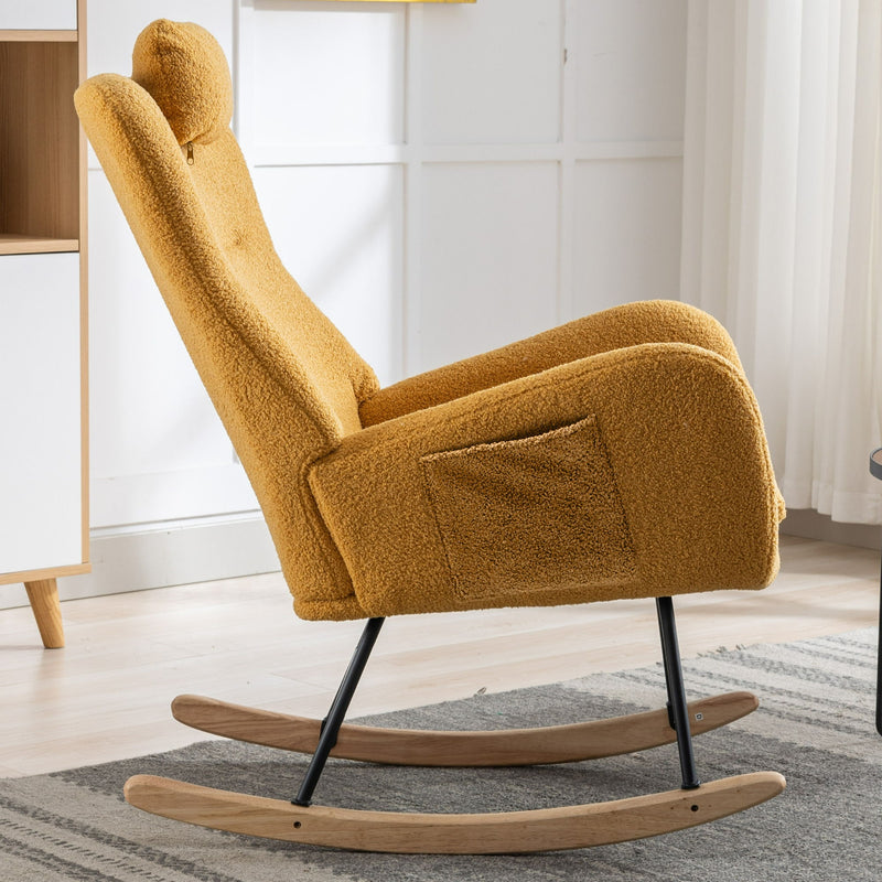 35.5" Rocking Chair With Pocket, Soft Teddy Fabric Rocking Chair For Nursery, Comfy Wingback Glider Rocker With Safe Solid Wood Base For Living Room Bedroom Balcony - Turmeric