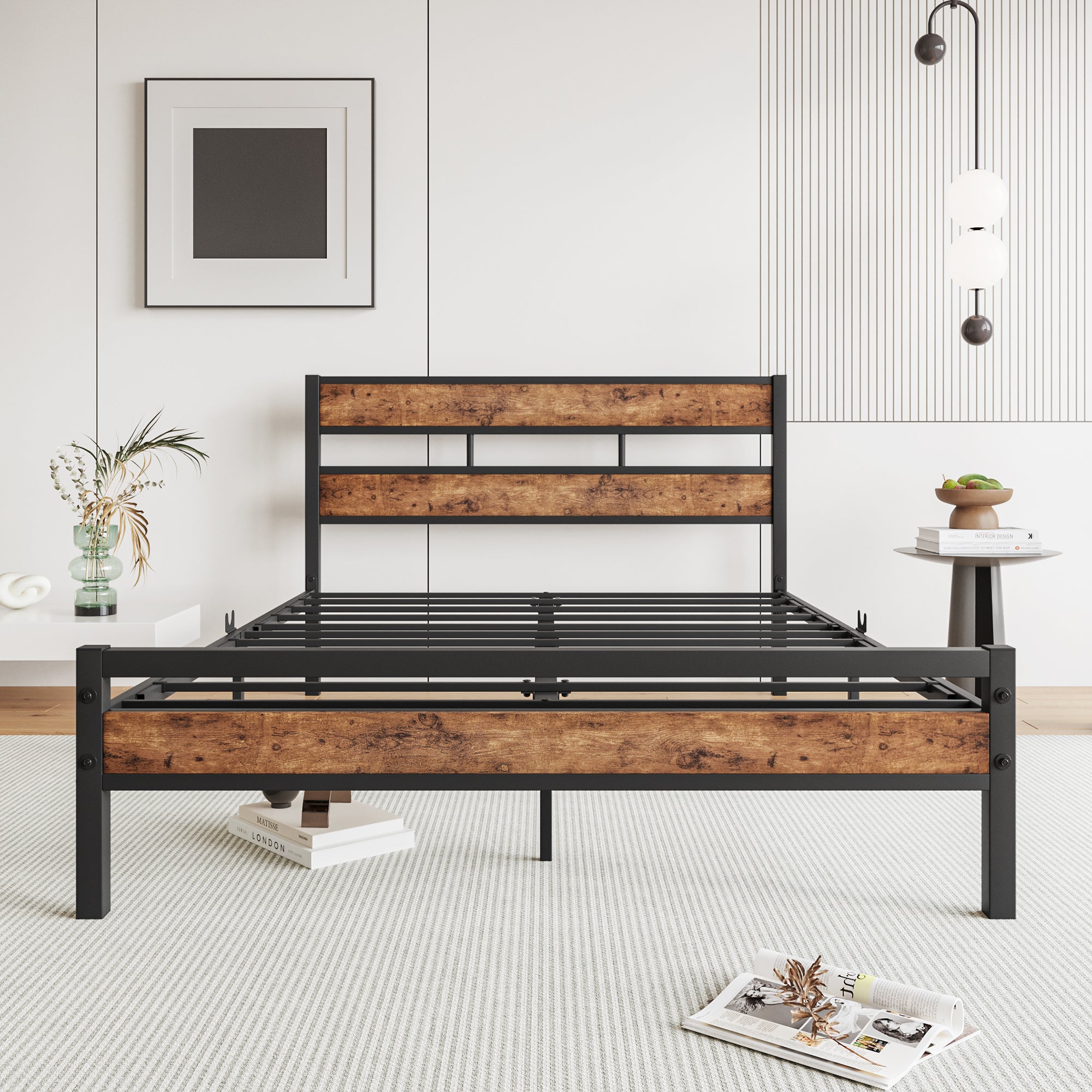 Full Size Platform Bed Frame with Rustic Vintage Wood Headboard, Strong Metal Slats Support, No Box Spring Needed - Atlantic Fine Furniture Melbourne FL
