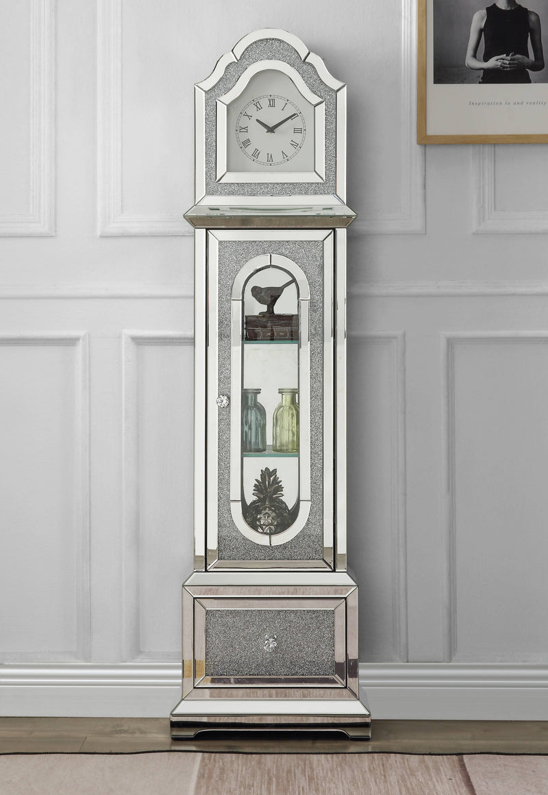 Noralie - Mirrored & Faux Diamonds Grandfather Clock With LED - Silver Gray