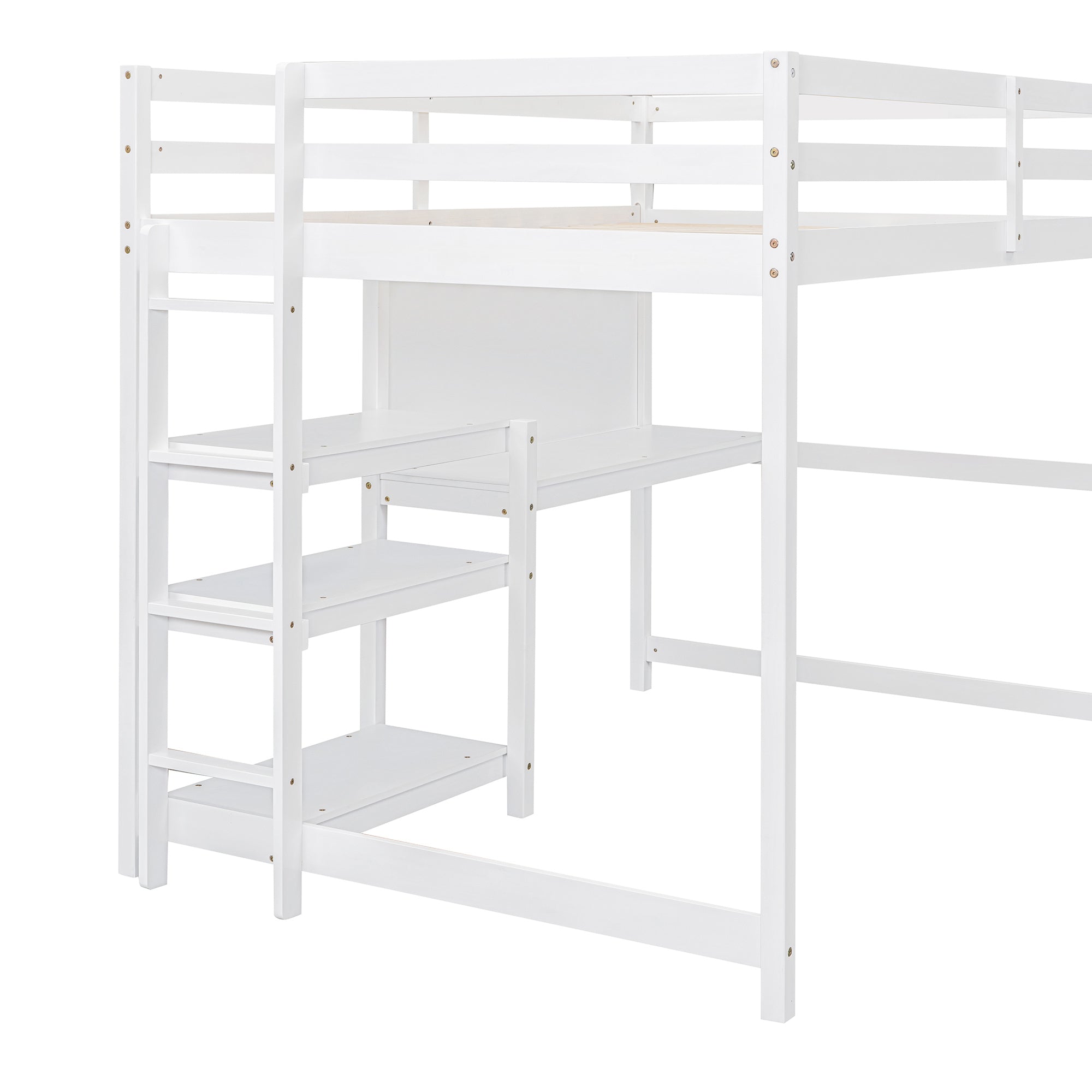 Full Size Wooden Loft Bed with Shelves, Desk and Writing Board - White