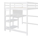 Full Size Wooden Loft Bed with Shelves, Desk and Writing Board - White