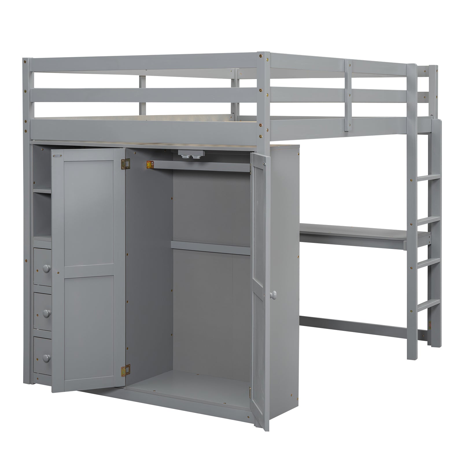 Wood Full Size Loft Bed with Built-in Wardrobe, Desk, Storage Shelves and Drawers, Gray - Atlantic Fine Furniture Melbourne FL