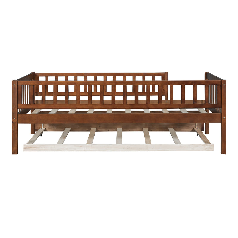 Twin Size Wood Daybed with Trundle and Fence Guardrails, Walnut