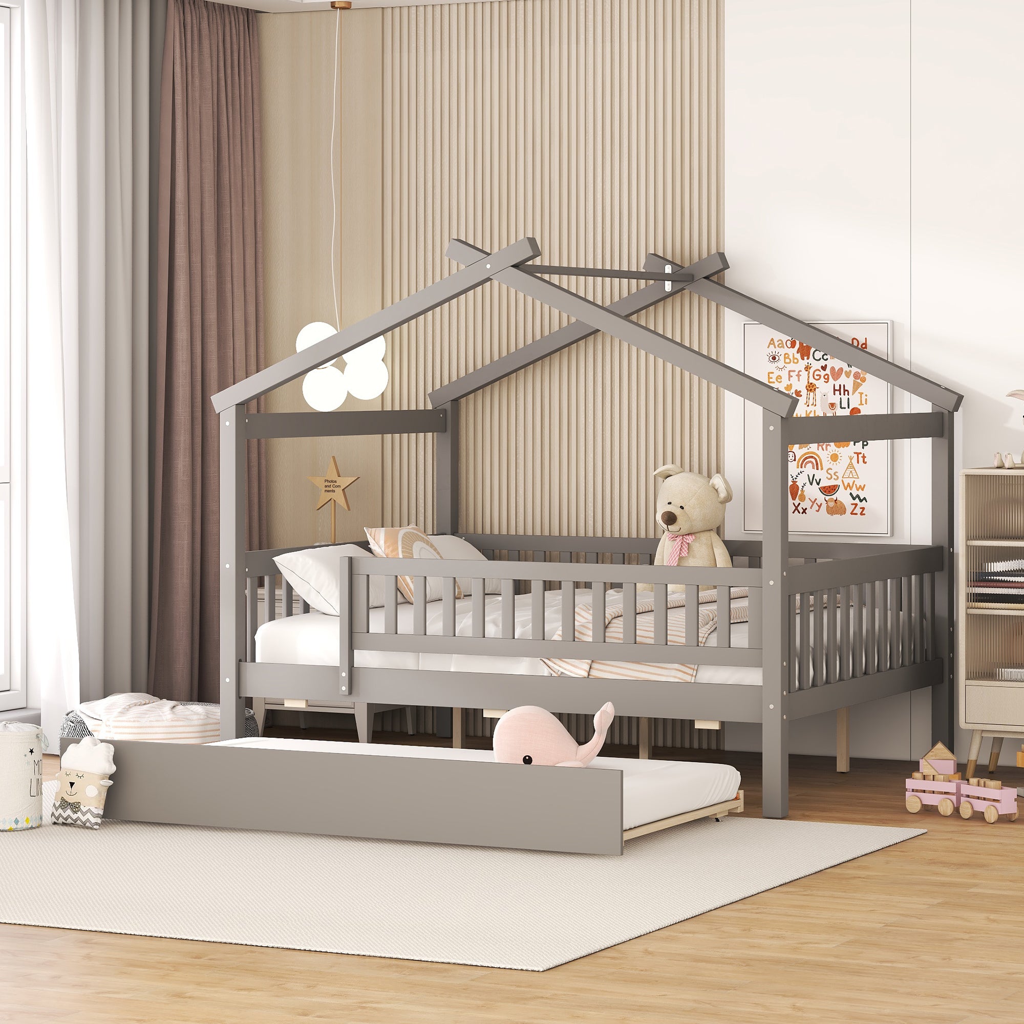Full Size Wooden House Bed with Twin Size Trundle, Gray - Atlantic Fine Furniture Melbourne FL