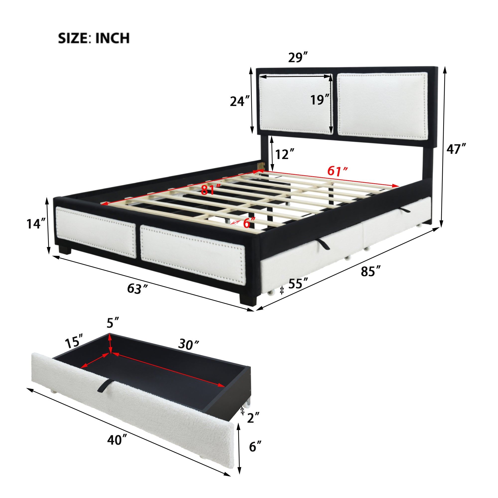 Queen Size Upholstered Platform Bed with Large Rivet-decorated Backrests and 4 Drawers, Velvet matched with Teddy Fleece, Black+White