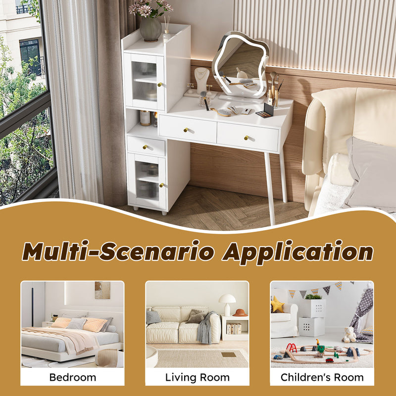 Vanity Dressing Table With LED Mirror & Storage Makeup Desk With 3 Drawers, 2 Open Shelves & 4 Hidden Cabinets - White