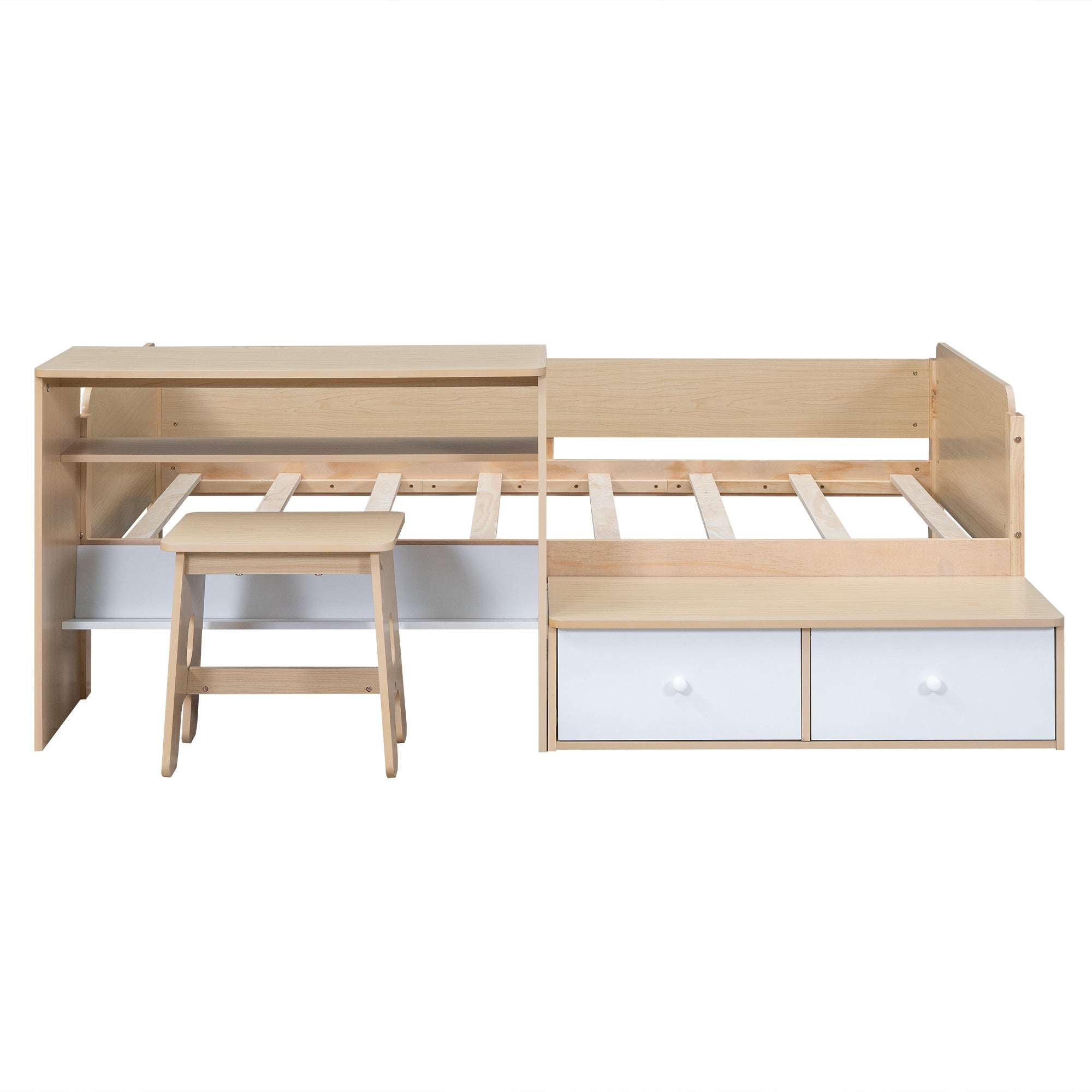 Wood Twin Size Platform Bed with 2 Drawers and 1 Chair&Desk Set, Natural+White - Atlantic Fine Furniture Melbourne FL
