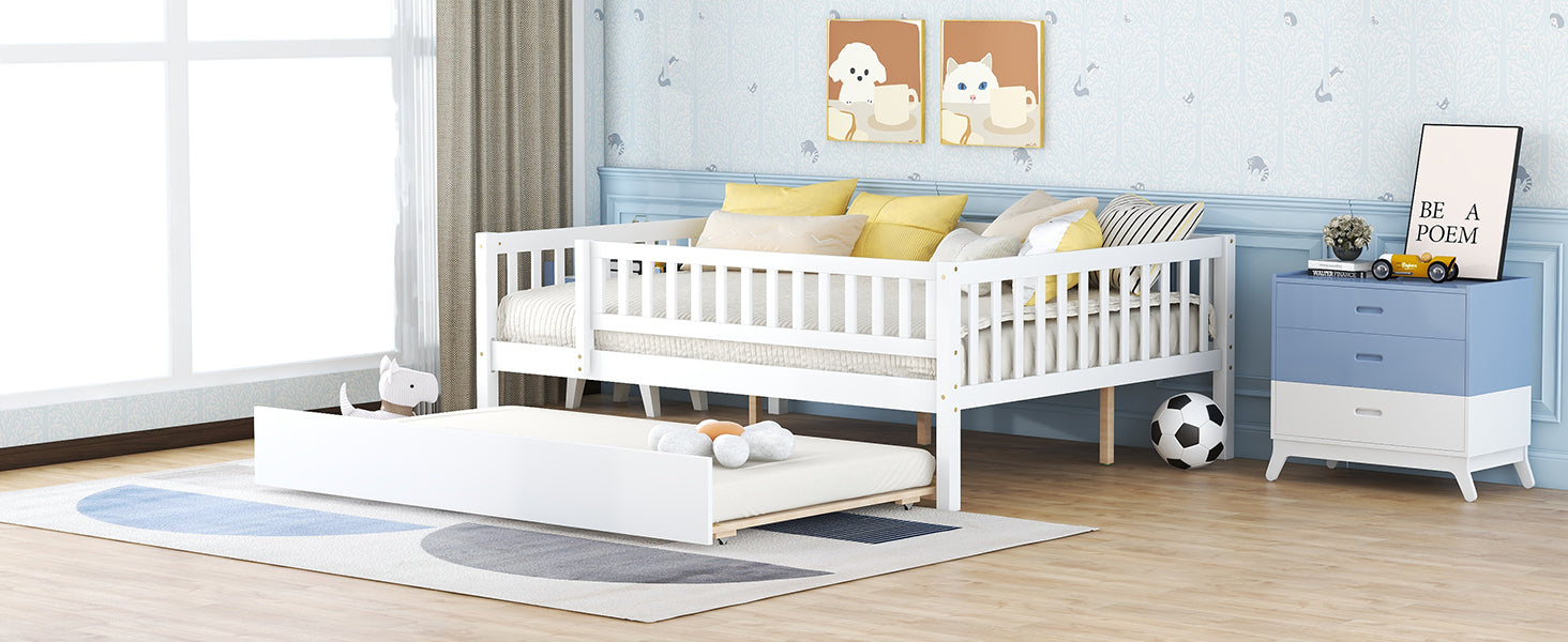 Full Size Wood Daybed with Trundle and Fence Guardrails, White - Atlantic Fine Furniture Melbourne FL
