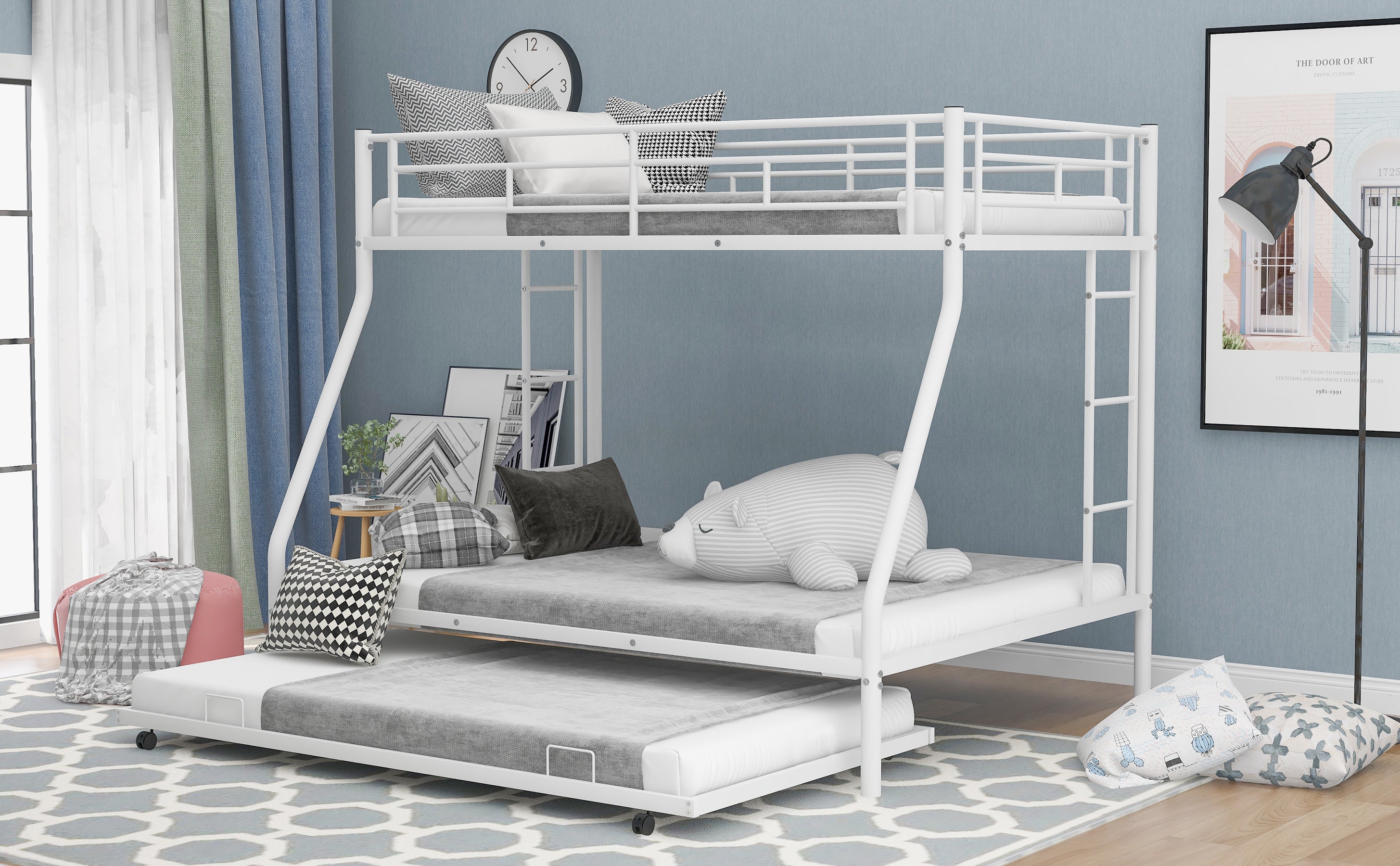 Twin over Full Bed with Sturdy Steel Frame, Bunk Bed with Twin Size Trundle, Two-Side Ladders, White(OLD SKU:MF194424AAK) - Atlantic Fine Furniture Melbourne FL