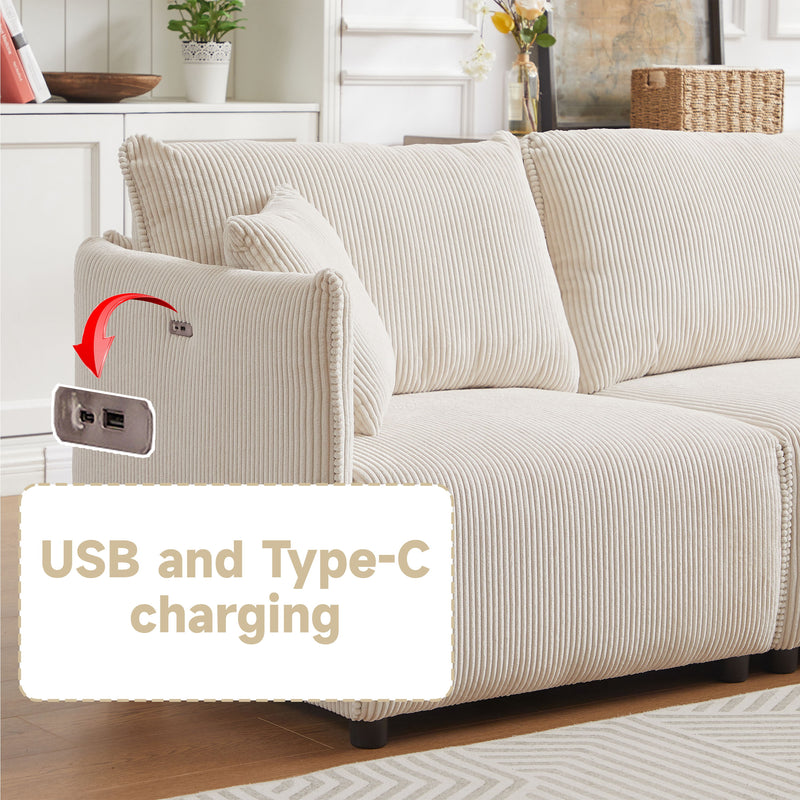 Multi-Module Combination Style Sofa For Living Room, Bedroom And Other Lounge Spaces, Modern Minimalist Corduroy Combination Sofa With 2 Comfort Cushions With USB & C Charging Ports, Two Sets