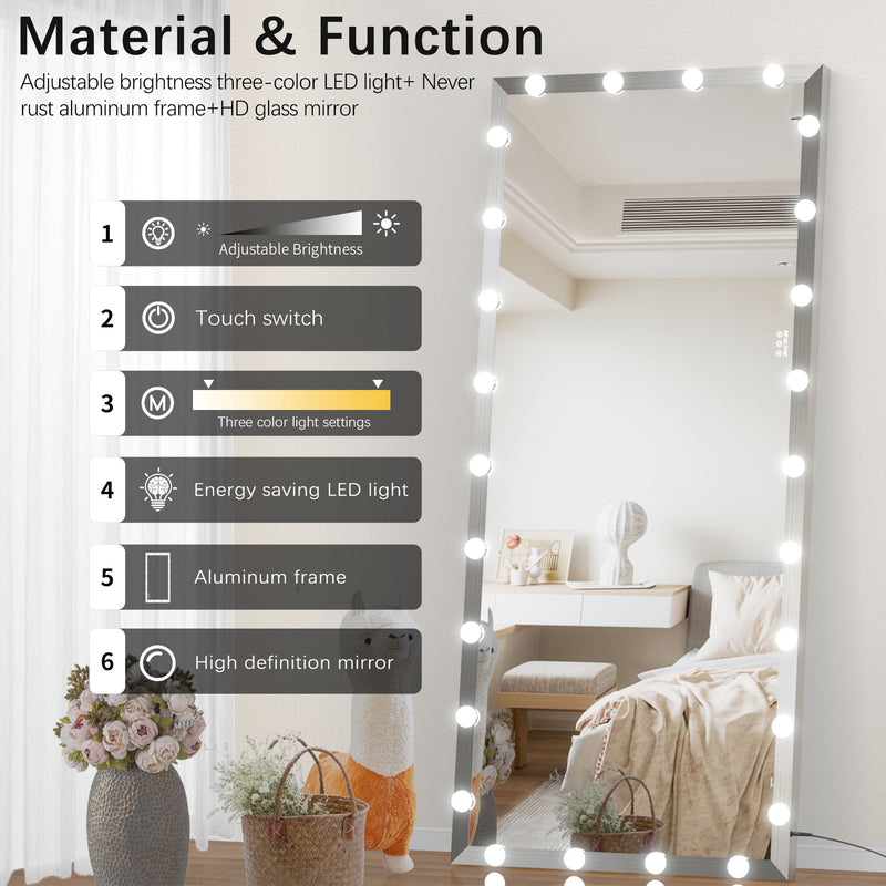 Full Length Mirror With Lights Full Body Vanity Mirror With 3 Color Modes Lighted Standing Floor Mirror For Dressing Room Bedroom Wall Mounted Touch Control