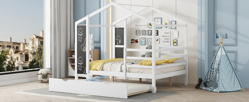 Full Size Wood House Bed with Fence and Writing Board, White