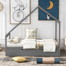 Full Size Wooden House Bed With Twin Size Trundle, GRAY